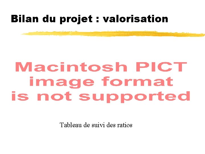 Bilan du projet : valorisation Tableau de suivi des ratios 