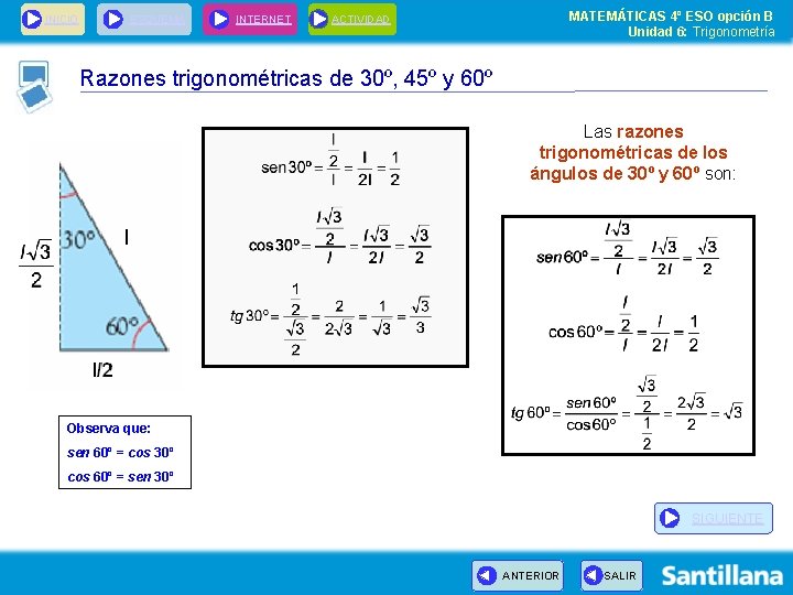 INICIO ESQUEMA INTERNET MATEMÁTICAS 4º ESO opción B Unidad 6: Trigonometría ACTIVIDAD Razones trigonométricas