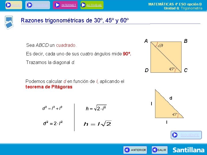 INICIO ESQUEMA INTERNET MATEMÁTICAS 4º ESO opción B Unidad 6: Trigonometría ACTIVIDAD Razones trigonométricas