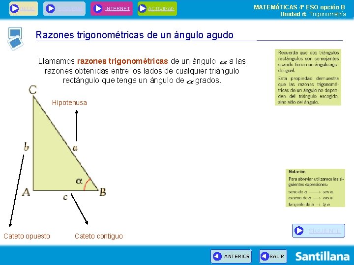 INICIO ESQUEMA INTERNET MATEMÁTICAS 4º ESO opción B Unidad 6: Trigonometría ACTIVIDAD Razones trigonométricas