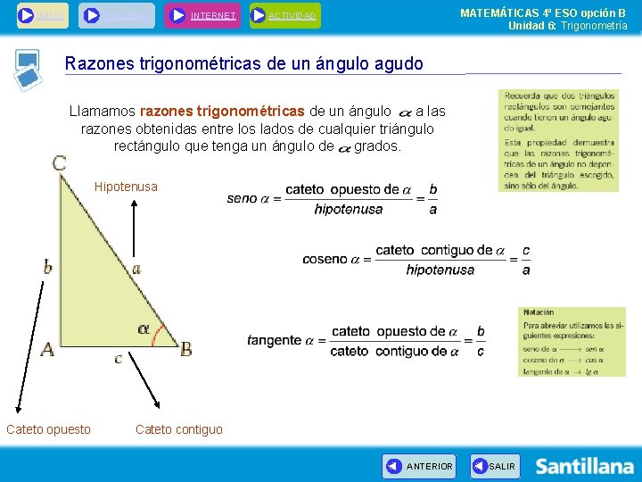 INICIO ESQUEMA INTERNET MATEMÁTICAS 4º ESO opción B Unidad 6: Trigonometría ACTIVIDAD Razones trigonométricas