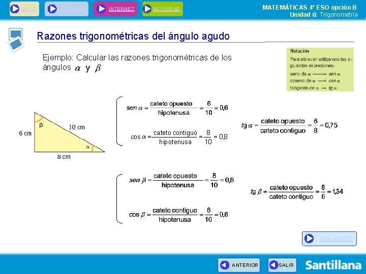 INICIO ESQUEMA INTERNET MATEMÁTICAS 4º ESO opción B Unidad 6: Trigonometría ACTIVIDAD Razones trigonométricas