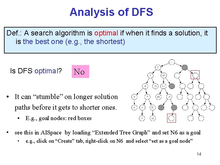 Analysis of DFS Def. : A search algorithm is optimal if when it finds