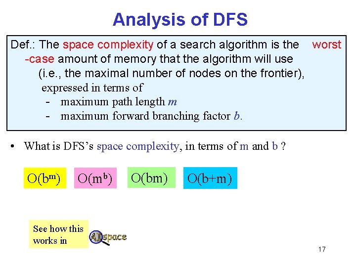 Analysis of DFS Def. : The space complexity of a search algorithm is the