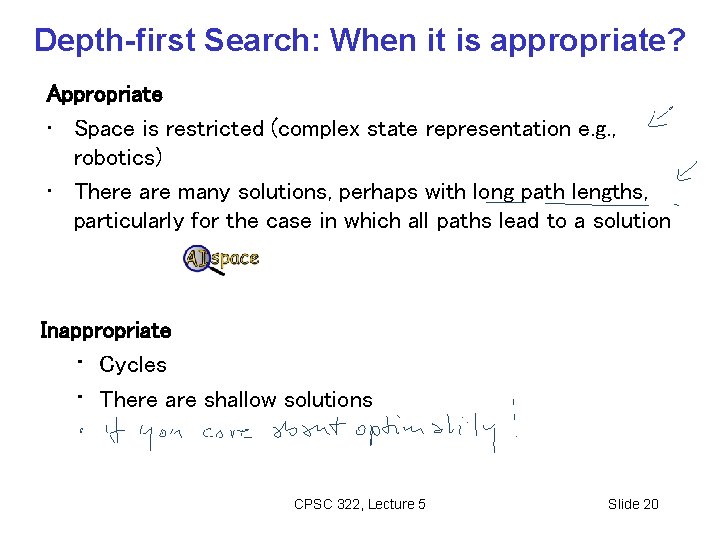 Depth-first Search: When it is appropriate? Appropriate • Space is restricted (complex state representation