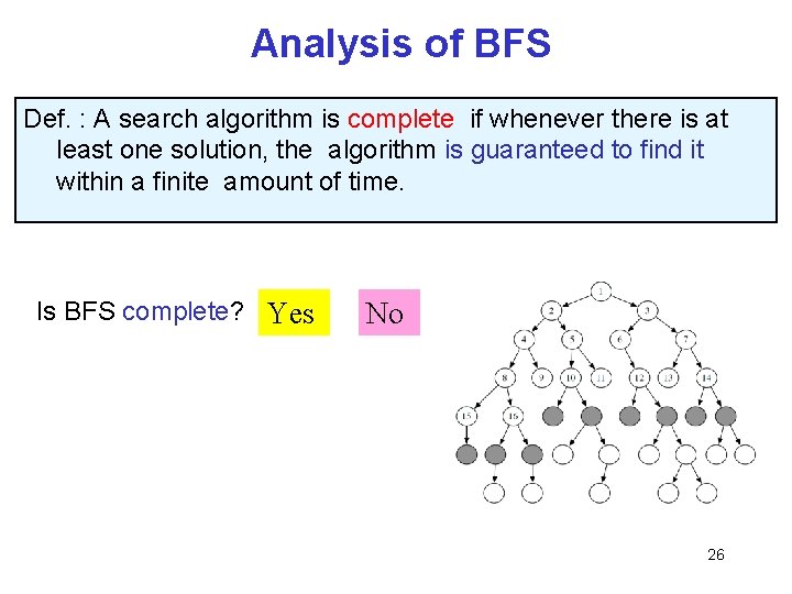 Analysis of BFS Def. : A search algorithm is complete if whenever there is