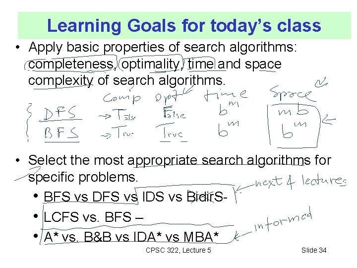 Learning Goals for today’s class • Apply basic properties of search algorithms: completeness, optimality,