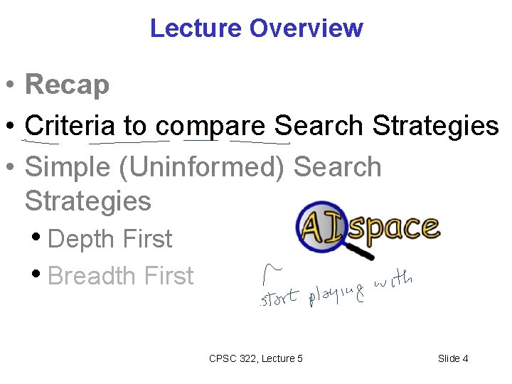 Lecture Overview • Recap • Criteria to compare Search Strategies • Simple (Uninformed) Search