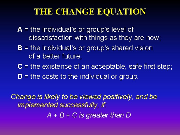 THE CHANGE EQUATION A = the individual’s or group’s level of dissatisfaction with things