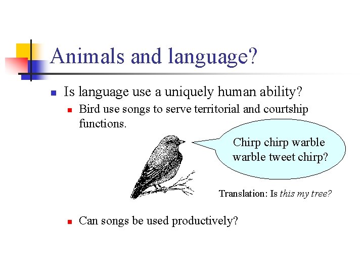 Animals and language? n Is language use a uniquely human ability? n Bird use