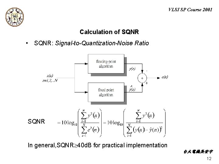 VLSI SP Course 2001 Calculation of SQNR • SQNR: Signal-to-Quantization-Noise Ratio SQNR In general,