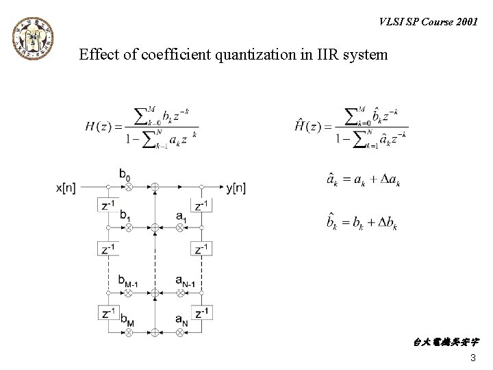 VLSI SP Course 2001 Effect of coefficient quantization in IIR system 台大電機吳安宇 3 
