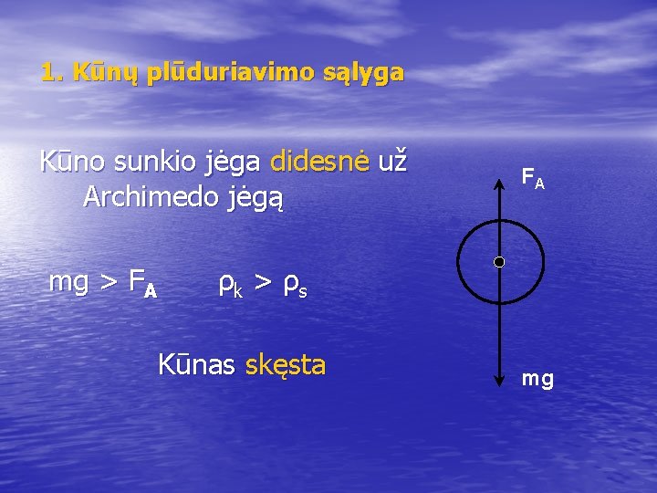 1. Kūnų plūduriavimo sąlyga Kūno sunkio jėga didesnė už Archimedo jėgą mg > FA