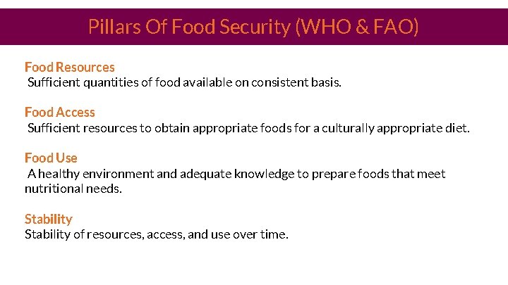 Pillars Of Food Security (WHO & FAO) Food Resources Sufficient quantities of food available