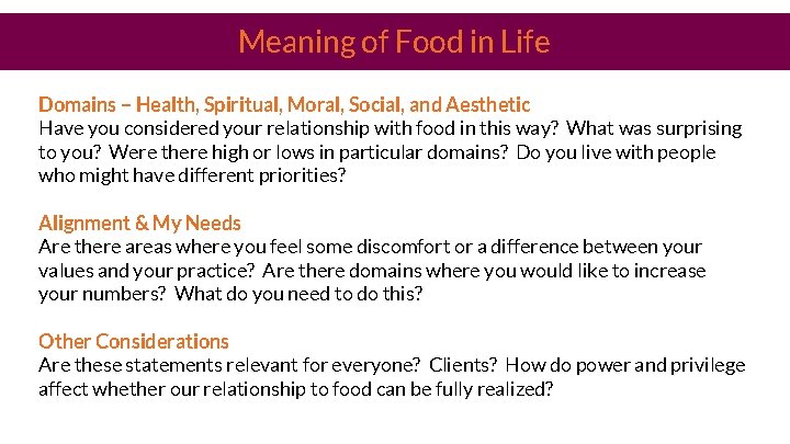 Meaning of Food in Life Domains – Health, Spiritual, Moral, Social, and Aesthetic Have