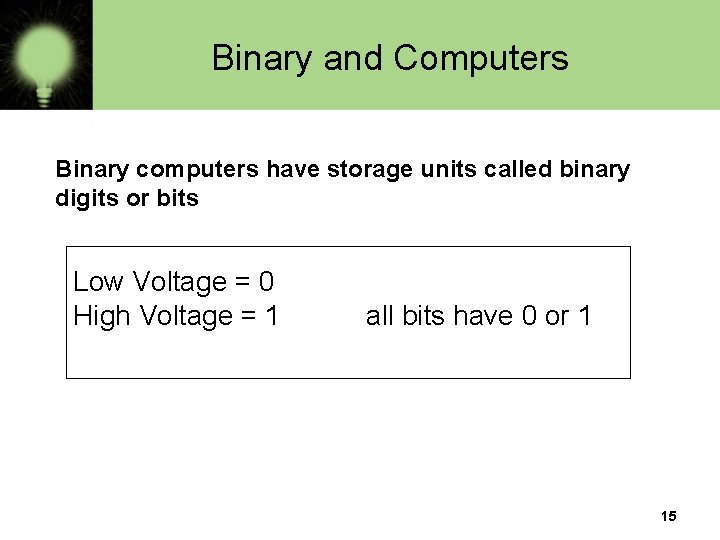 Binary and Computers Binary computers have storage units called binary digits or bits Low