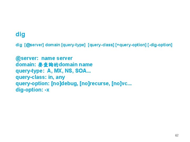 dig [@server] domain [query-type] [query-class] [+query-option] [-dig-option] @server: name server domain: 要查詢的domain name query-type: