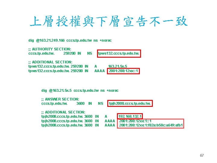 上層授權與下層宣告不一致 dig @163. 21. 249. 166 cccs. tp. edu. tw ns +norec ; ;