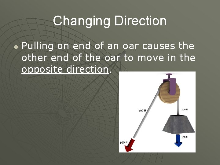 Changing Direction u Pulling on end of an oar causes the other end of