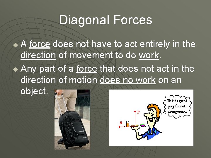 Diagonal Forces A force does not have to act entirely in the direction of