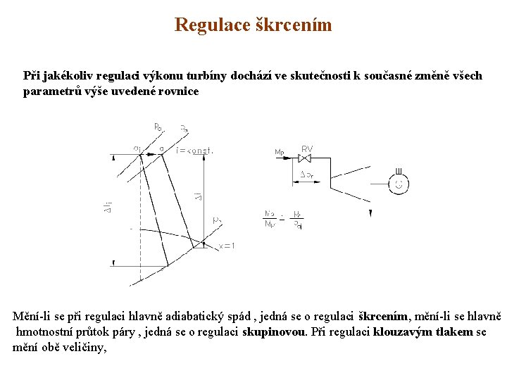 Regulace škrcením Při jakékoliv regulaci výkonu turbíny dochází ve skutečnosti k současné změně všech