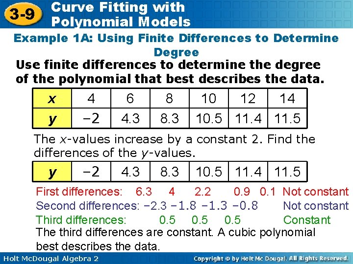 3 -9 Curve Fitting with Polynomial Models Example 1 A: Using Finite Differences to