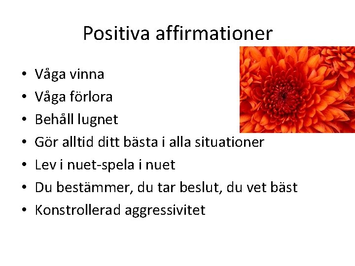 Positiva affirmationer • • Våga vinna Våga förlora Behåll lugnet Gör alltid ditt bästa