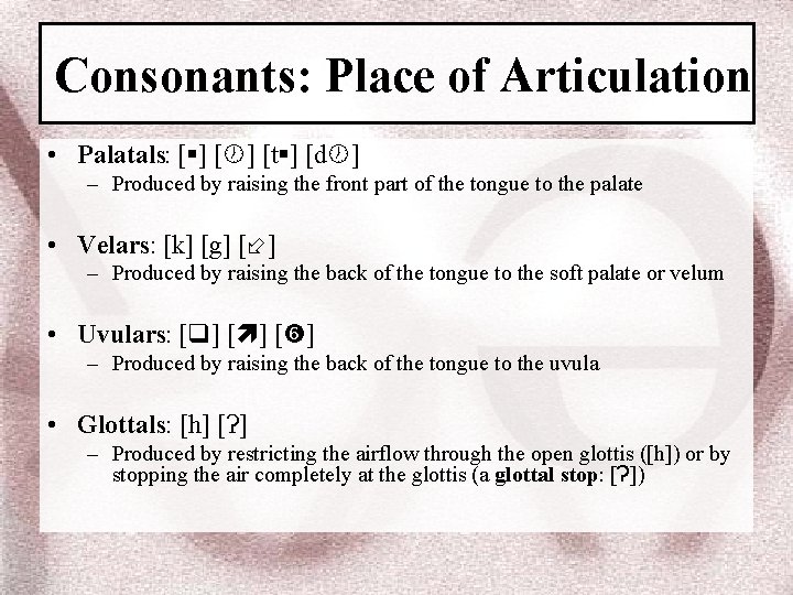 Consonants: Place of Articulation • Palatals: [ ] [t ] [d ] – Produced