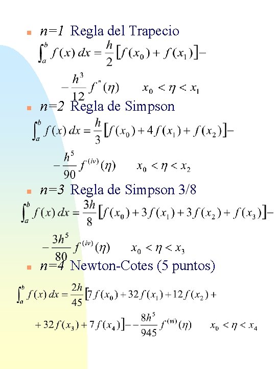 n n=1 Regla del Trapecio n n=2 Regla de Simpson n n=3 Regla de