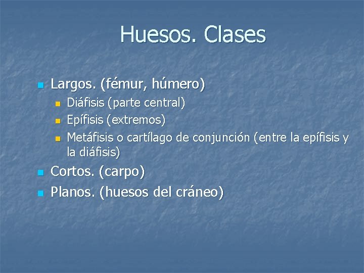 Huesos. Clases n Largos. (fémur, húmero) n n n Diáfisis (parte central) Epífisis (extremos)