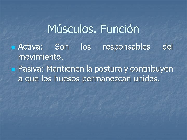 Músculos. Función n n Activa: Son los responsables del movimiento. Pasiva: Mantienen la postura