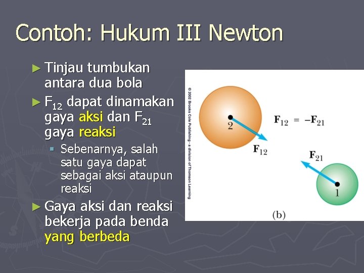 Contoh: Hukum III Newton ► Tinjau tumbukan antara dua bola ► F 12 dapat