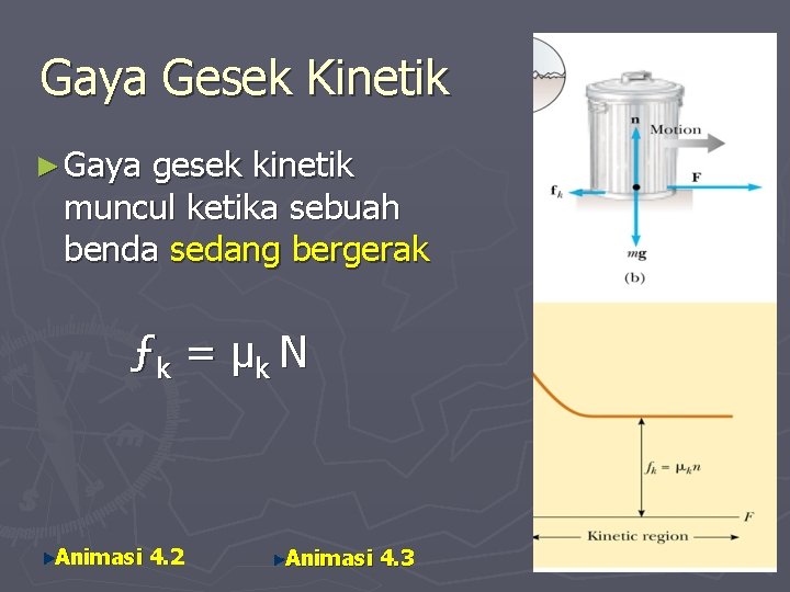 Gaya Gesek Kinetik ► Gaya gesek kinetik muncul ketika sebuah benda sedang bergerak ƒk