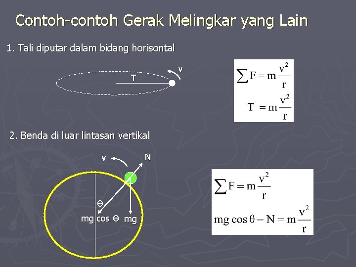 Contoh-contoh Gerak Melingkar yang Lain 1. Tali diputar dalam bidang horisontal v T 2.