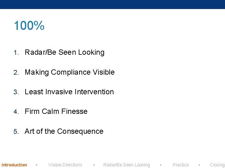 100% 1. Radar/Be Seen Looking 2. Making Compliance Visible 3. Least Invasive Intervention 4.