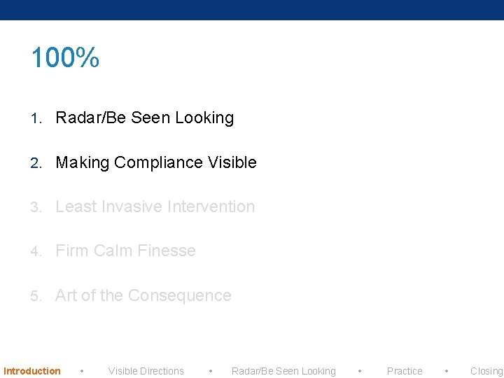 100% 1. Radar/Be Seen Looking 2. Making Compliance Visible 3. Least Invasive Intervention 4.