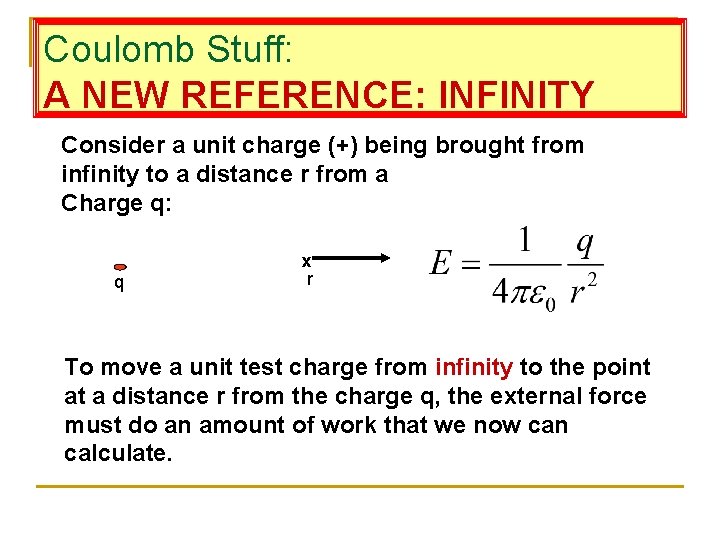 Coulomb Stuff: A NEW REFERENCE: INFINITY Consider a unit charge (+) being brought from