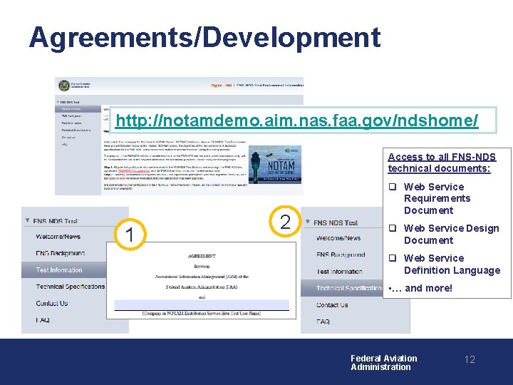 Agreements/Development http: //notamdemo. aim. nas. faa. gov/ndshome/ Access to all FNS-NDS technical documents: 1