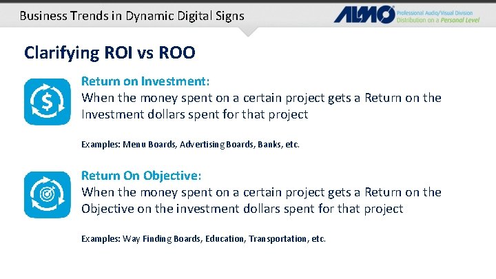 Business Trends in Dynamic Digital Signs Clarifying ROI vs ROO Return on Investment: When