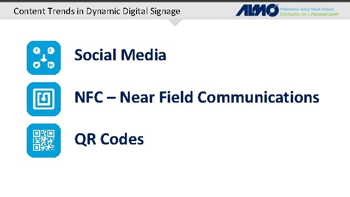 Content Trends in Dynamic Digital Signage Social Media NFC – Near Field Communications QR