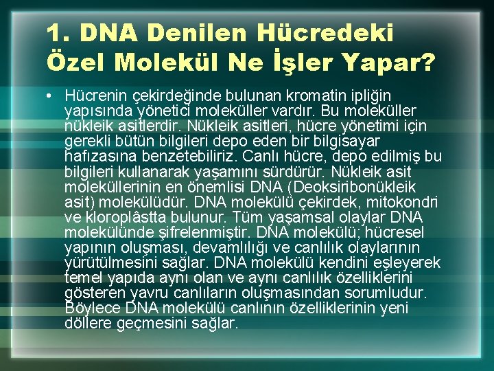 1. DNA Denilen Hücredeki Özel Molekül Ne İşler Yapar? • Hücrenin çekirdeğinde bulunan kromatin