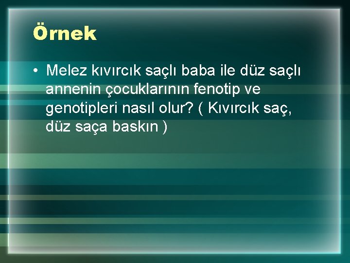 Örnek • Melez kıvırcık saçlı baba ile düz saçlı annenin çocuklarının fenotip ve genotipleri