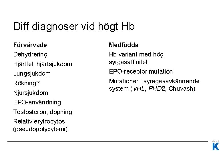 Diff diagnoser vid högt Hb Förvärvade Medfödda Dehydrering Hjärtfel, hjärtsjukdom Hb variant med hög