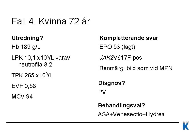 Fall 4. Kvinna 72 år Utredning? Kompletterande svar Hb 189 g/L EPO 53 (lågt)