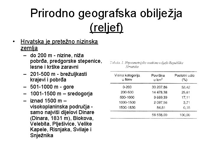 Prirodno geografska obilježja (reljef) • Hrvatska je pretežno nizinska zemlja – do 200 m Prirodno geografska obilježja (reljef) • Hrvatska je pretežno nizinska zemlja – do 200 m