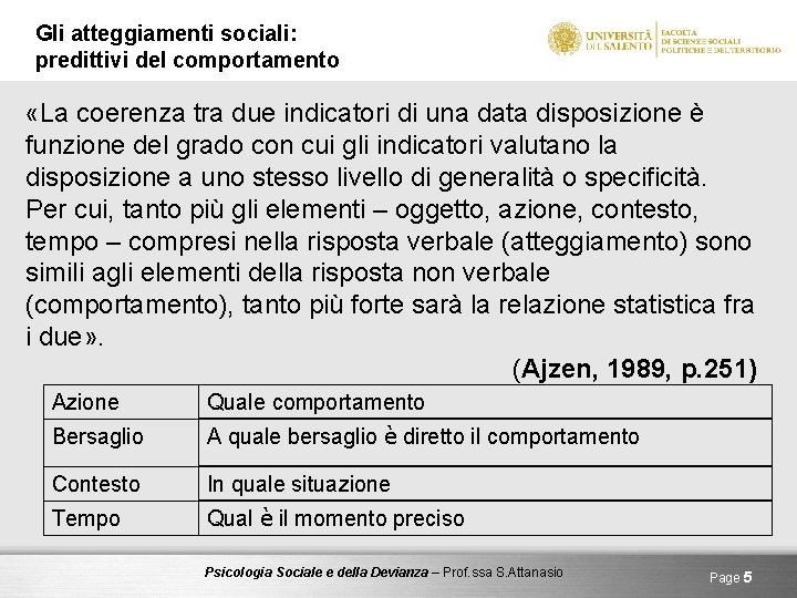 Gli atteggiamenti sociali: predittivi del comportamento «La coerenza tra due indicatori di una data