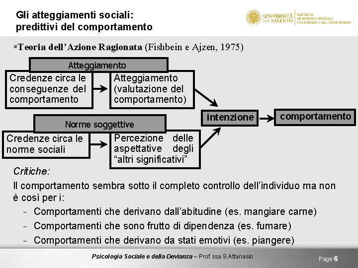 Gli atteggiamenti sociali: predittivi del comportamento §Teoria dell’Azione Ragionata (Fishbein e Ajzen, 1975) Atteggiamento