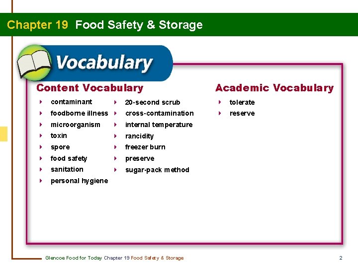 Chapter 19 Food Safety & Storage Content Vocabulary Academic Vocabulary contaminant 20 -second scrub