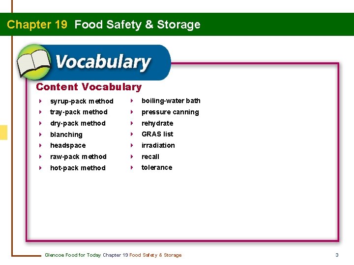 Chapter 19 Food Safety & Storage Content Vocabulary syrup-pack method boiling-water bath tray-pack method