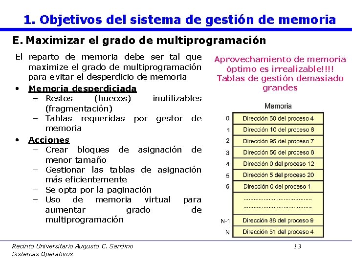 1. Objetivos del sistema de gestión de memoria E. Maximizar el grado de multiprogramación
